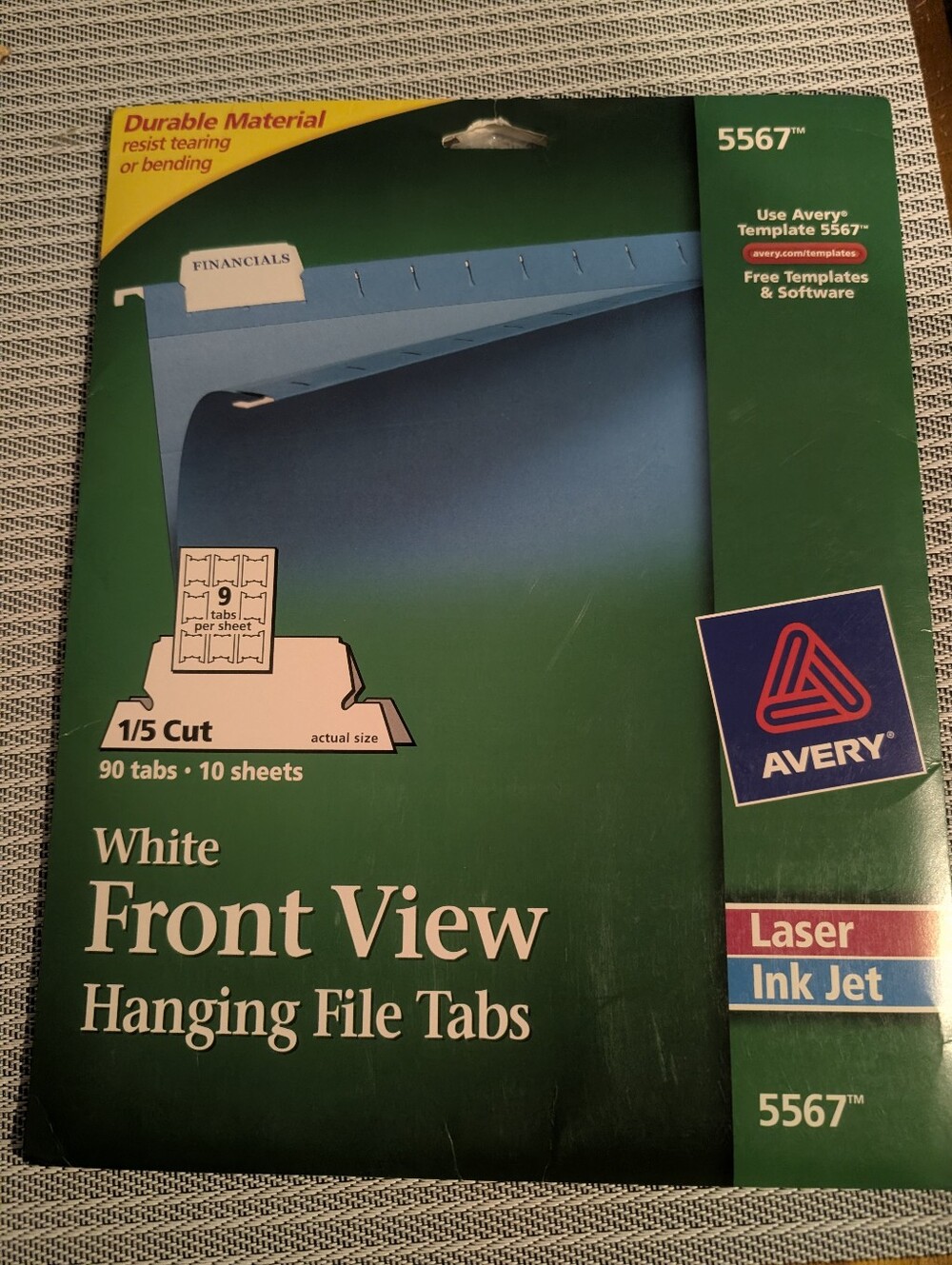 Avery 5567 Front View Hanging File Tabs 1/5 Cut 90 Tabs